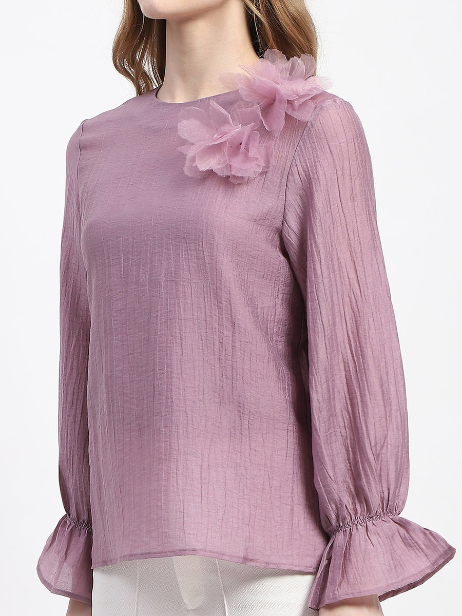 Madame 3D Flower Detailed Round Neck Solid Lilac Top