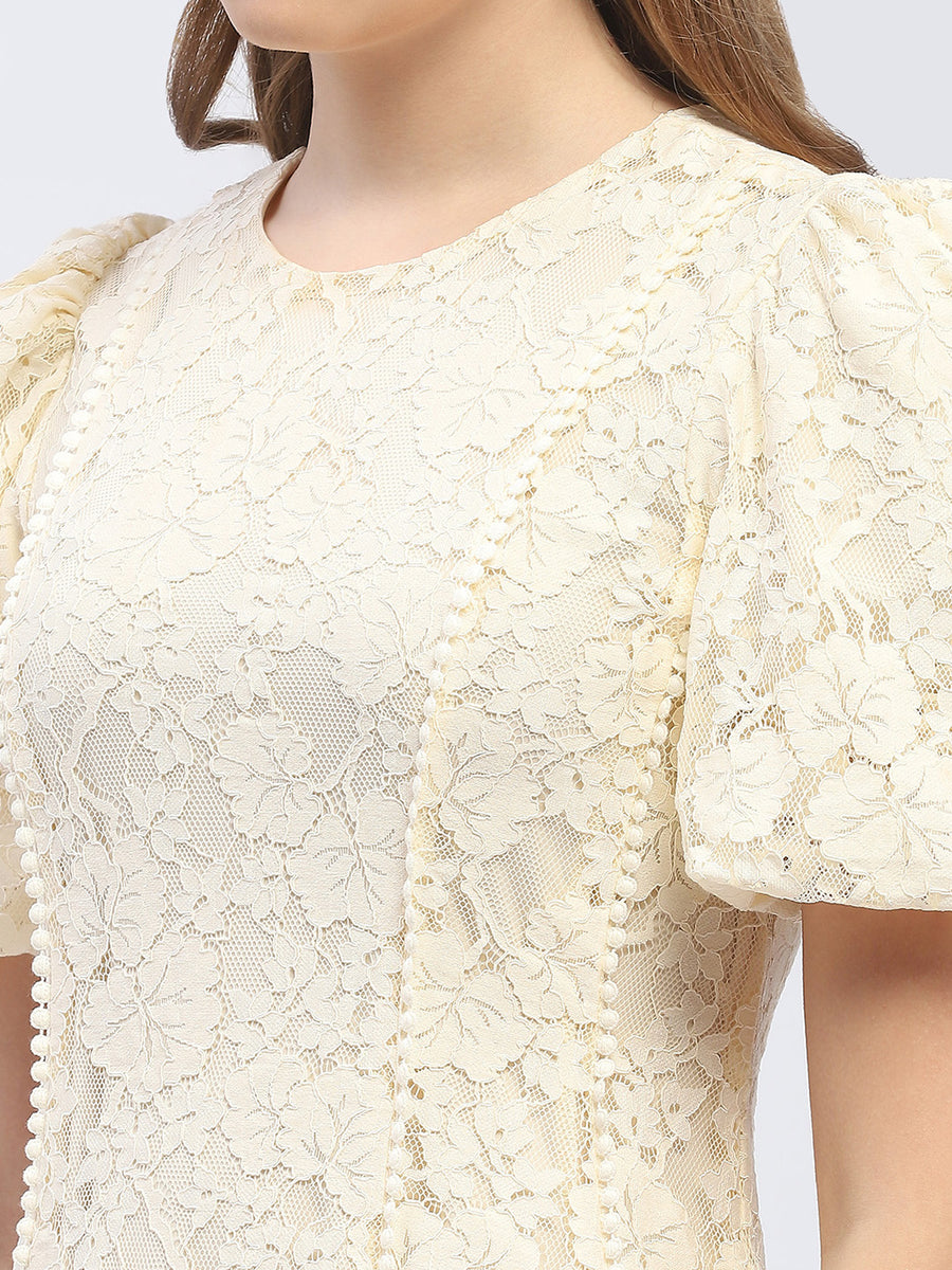 Madame Puff Sleeve Off-White Lace A-Line Dress