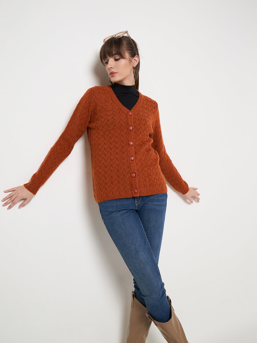 Madame Cable Knit Solid Burnt Orange Buttoned Cardigan