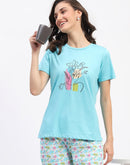 mSECRET Blue Cotton T-Shirt and Floral Print Pyjama Night suit Set