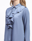 Madame Ruffle Collar Solid Blue Shirt