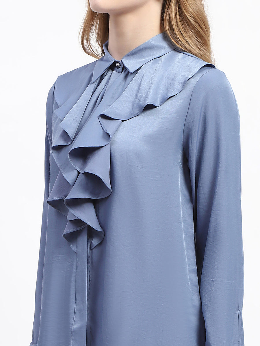 Madame Ruffle Collar Solid Blue Shirt