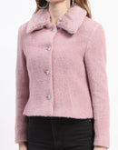 Madame Solid Purple Fur Neck Short Coat