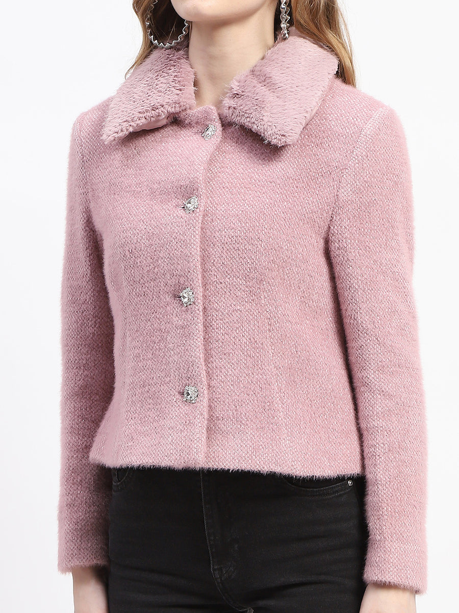 Madame Solid Purple Fur Neck Short Coat