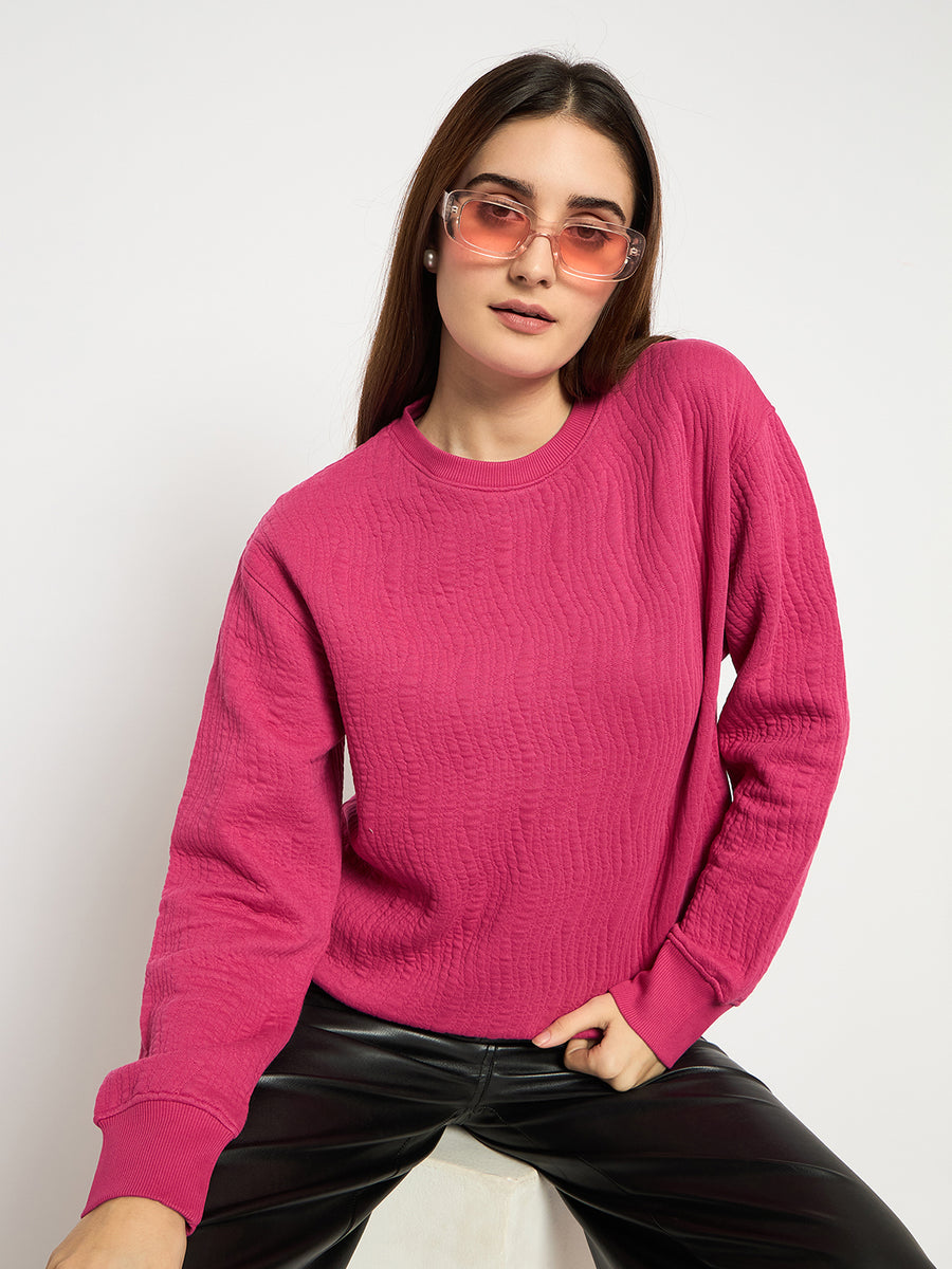 Madame Knitted Self-Textured Hot Pink Sweatshirt