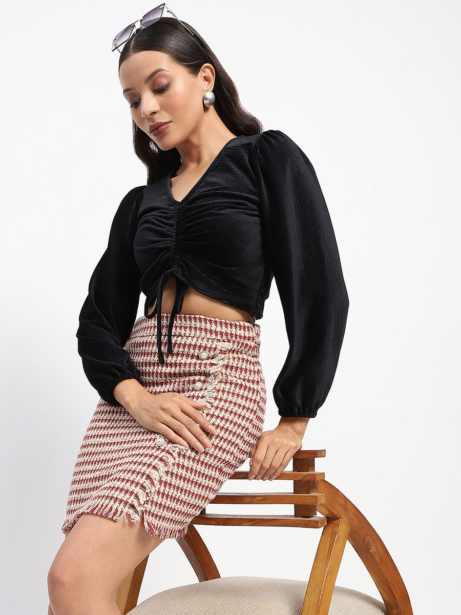 Madame Ruched V Neck Puff Sleeve Crop Top