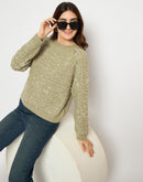 Madame Self Design Round Neck Green Sweater