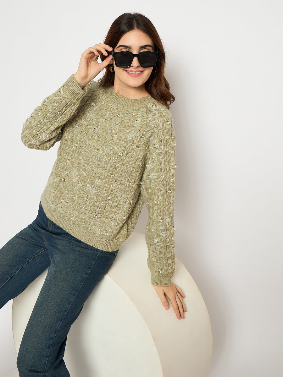 Madame Self Design Round Neck Green Sweater