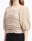 Madame Beige Ruched Top with Puff Sleeves