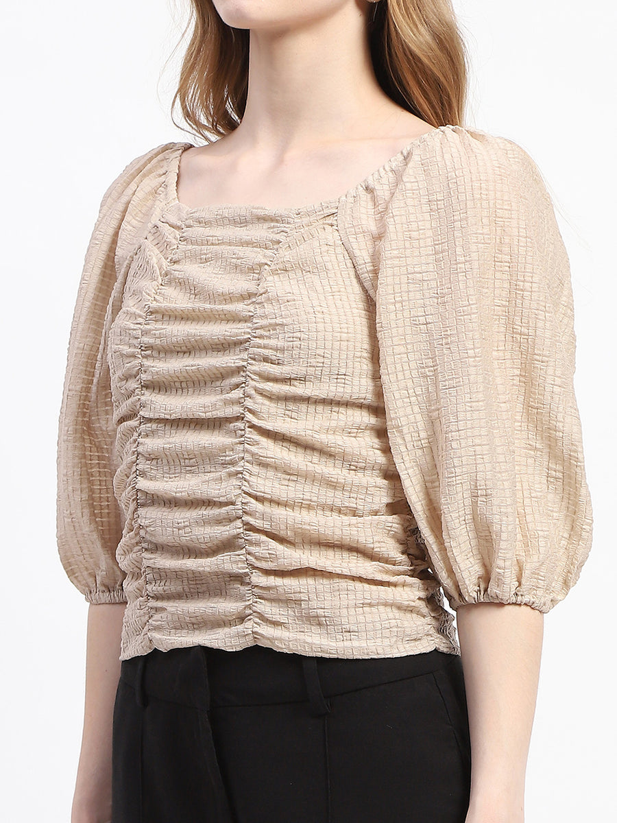 Madame Beige Ruched Top with Puff Sleeves