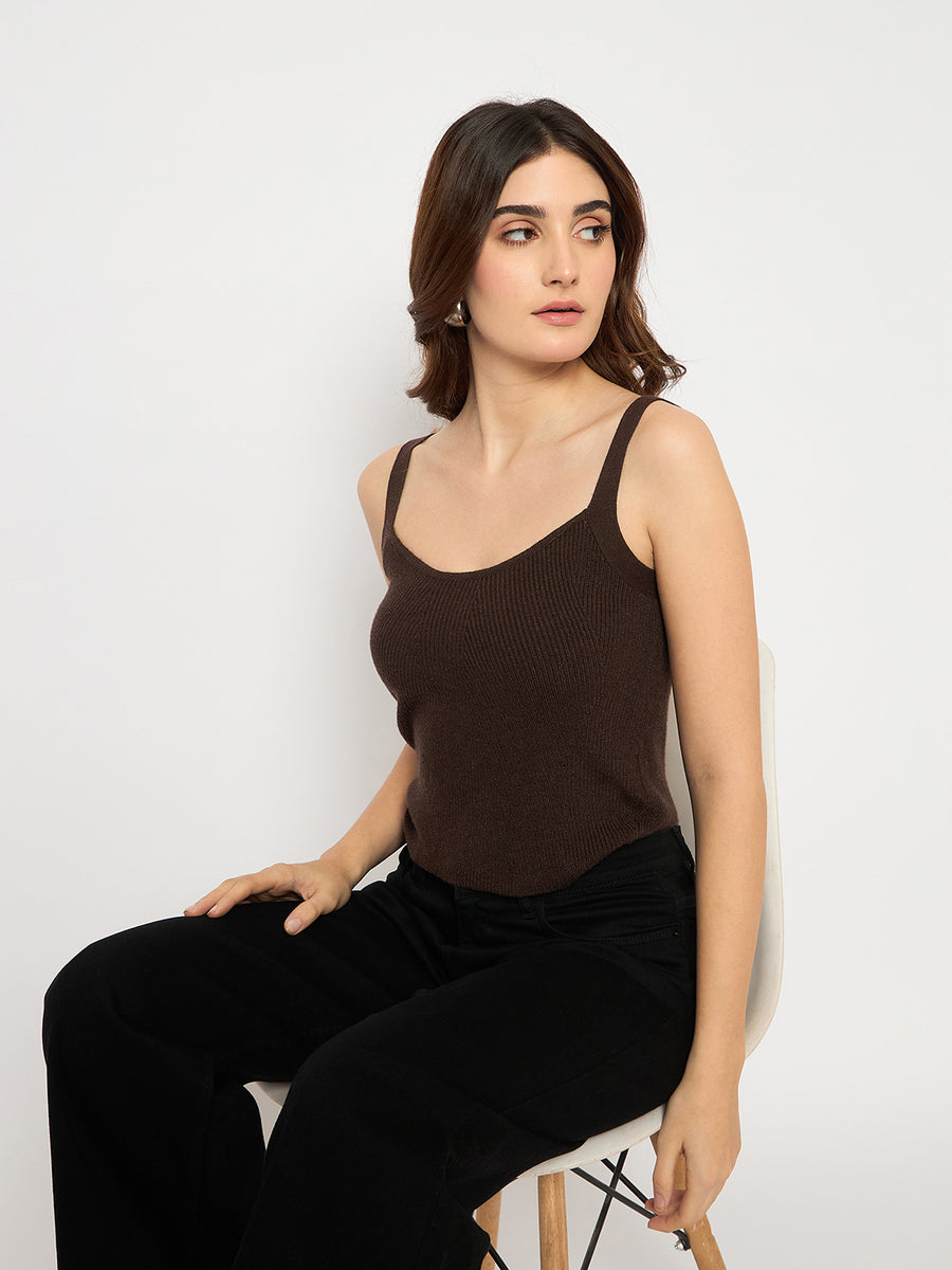 Madame Sleeveless Solid Coffee Brown Sweater