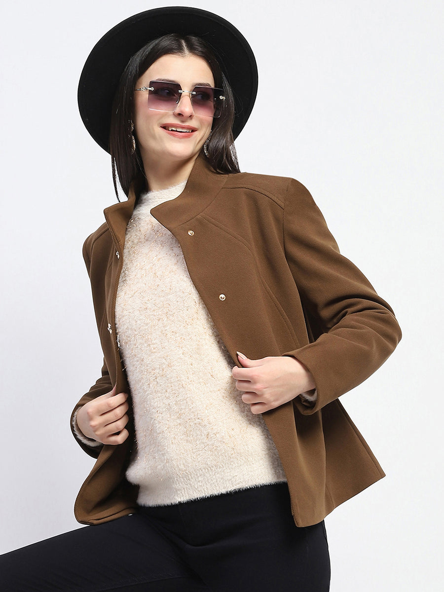 Madame Textured High Neck Coffee Brown Short Coat