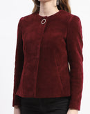 Madame Wine Red Emellished Button Short Coat