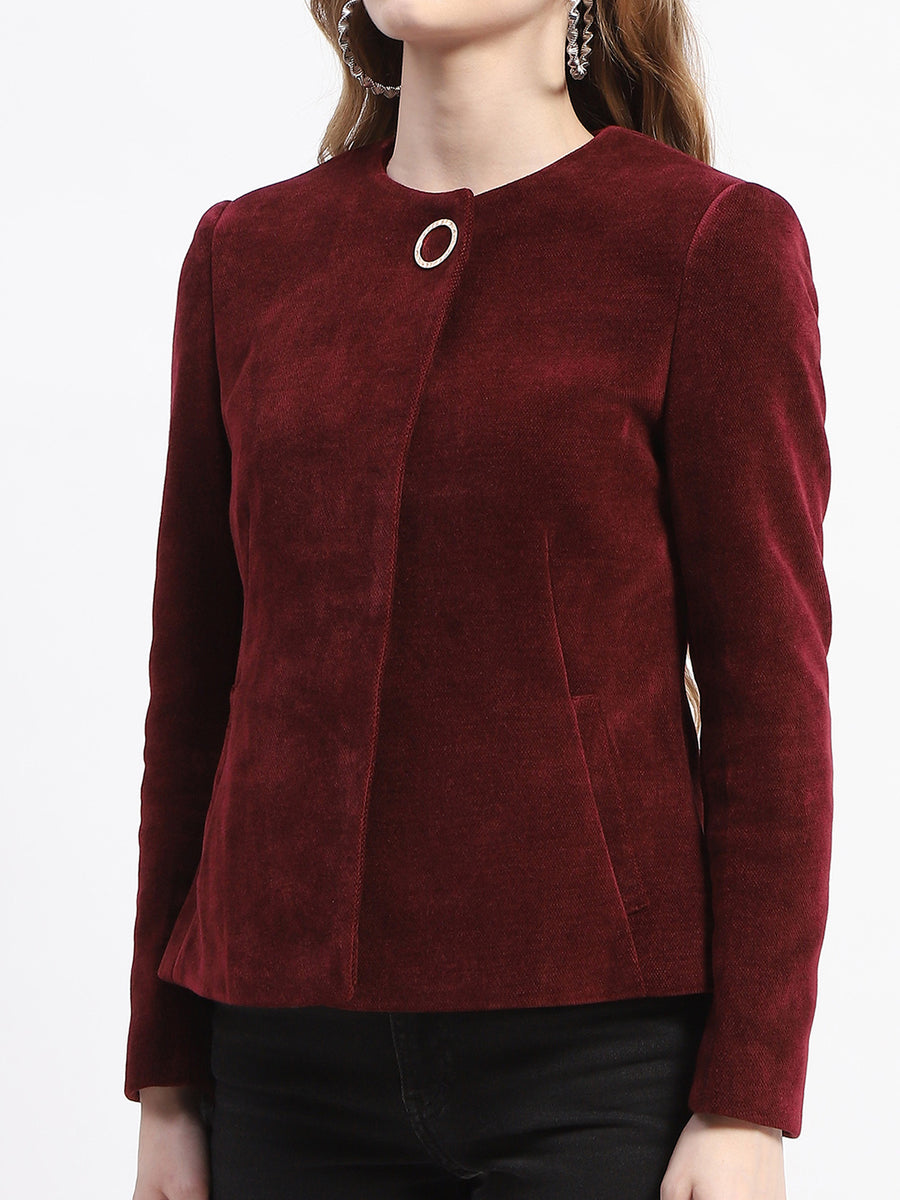 Madame Wine Red Emellished Button Short Coat