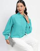 Madame Embellished Cuffed Sleeve Green Shirt