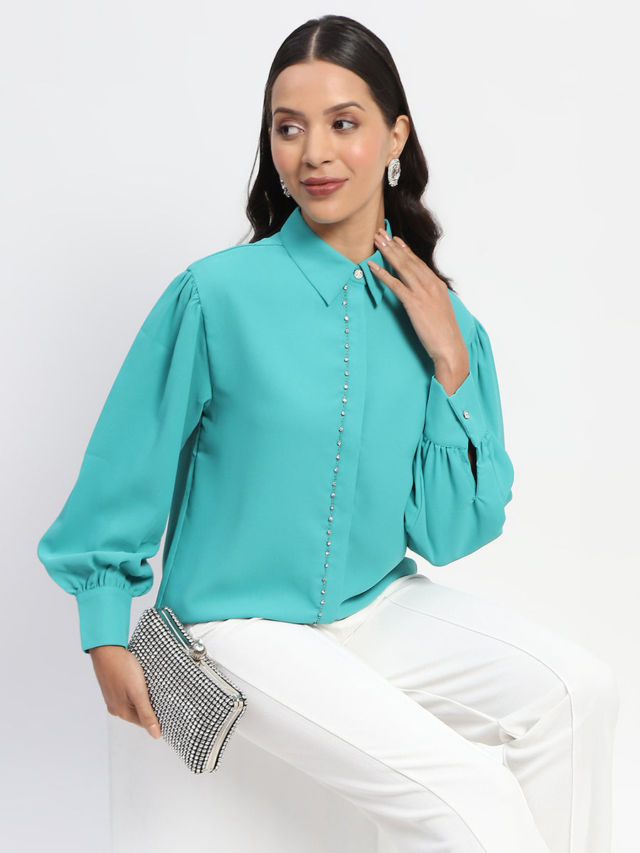 Madame Embellished Cuffed Sleeve Green Shirt