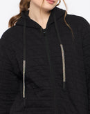 Madame Knitted Self-Textured Zipped Black Hooded Sweatshirt