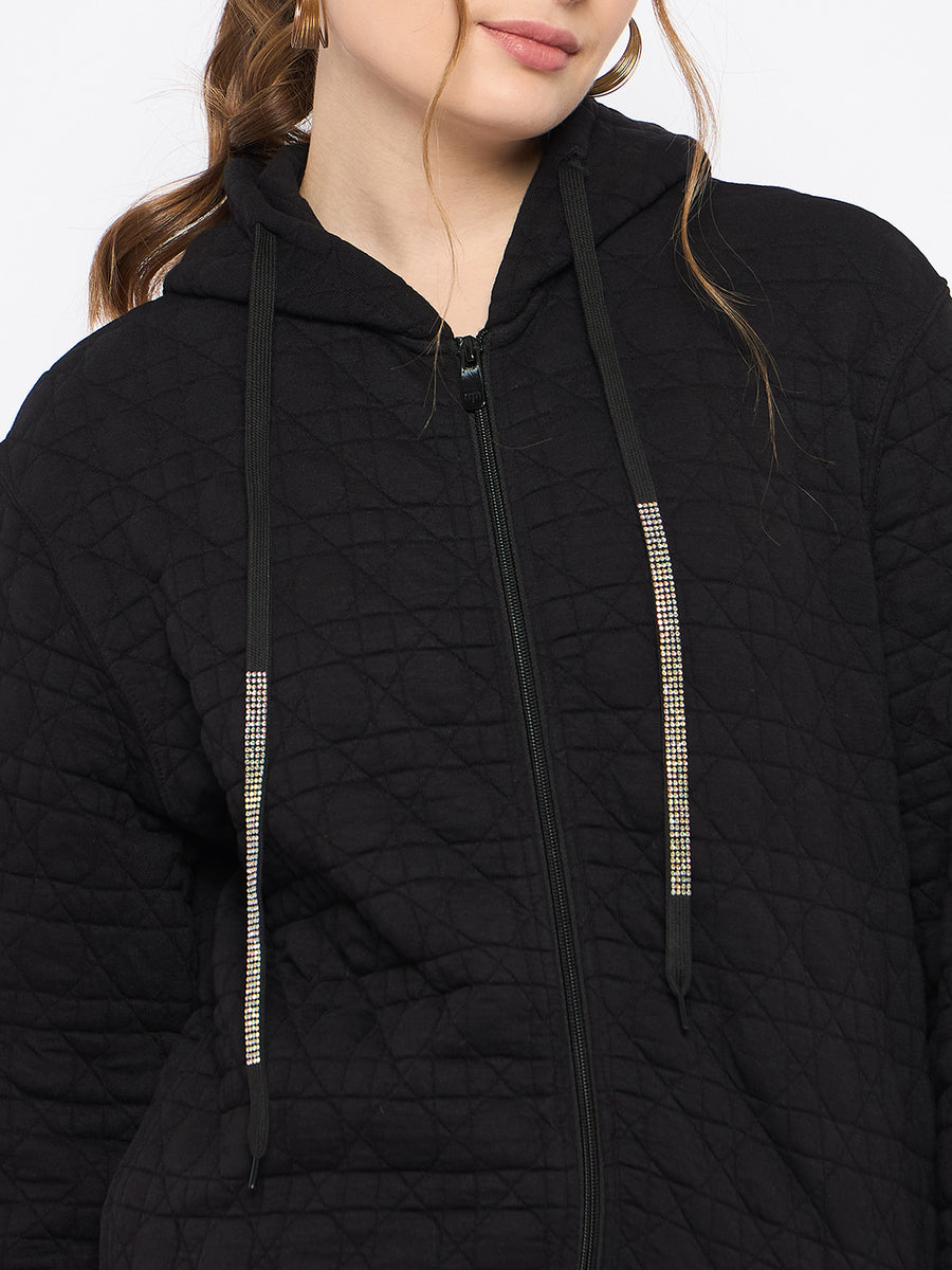 Madame Knitted Self-Textured Zipped Black Hooded Sweatshirt