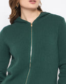 Madame Zip Solid Green Hooded Sweater