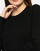 Madame Ribbed Cuffs Round Neck Black Sweater