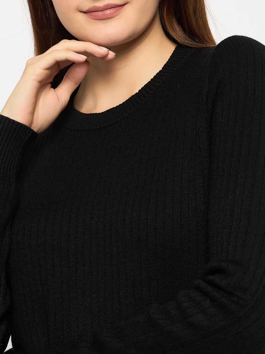 Madame Ribbed Cuffs Round Neck Black Sweater