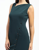 Madame Button Accented Asymmetrical Neck Teal Midi Dress