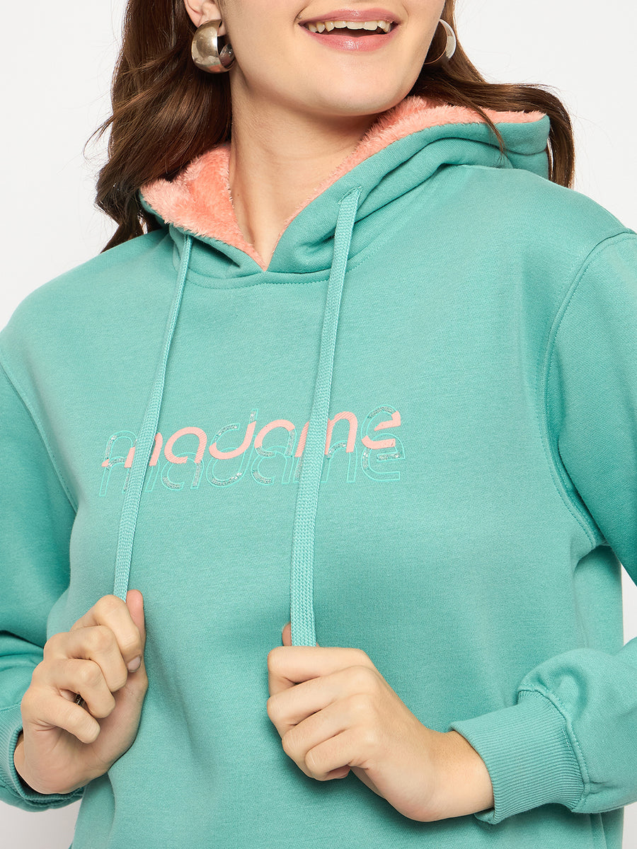 Madame Branding Print And Handwork Seafoam Hooded Sweatshirt