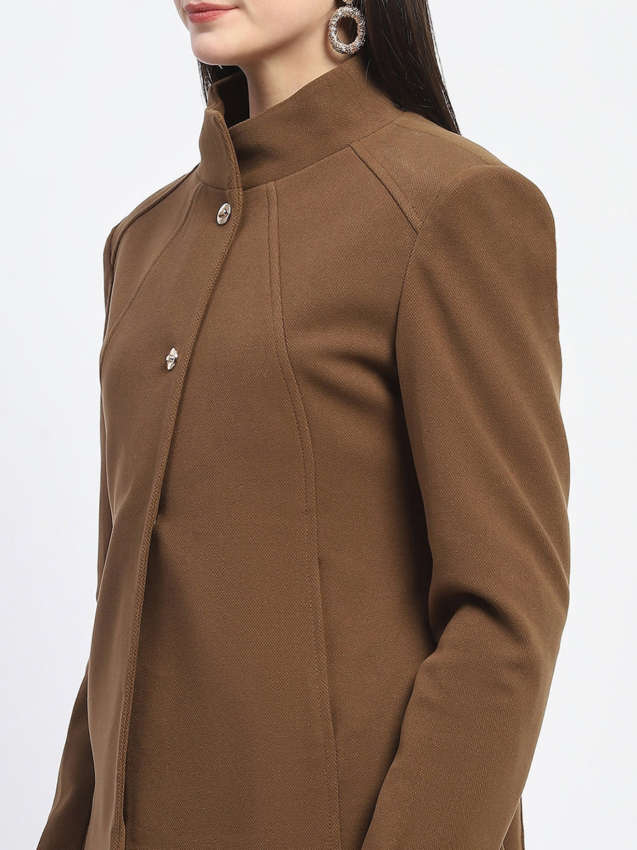 Madame Textured High Neck Coffee Brown Short Coat