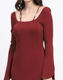 Madame Brick Red Knit Midi Dress with Flounce Sleeves