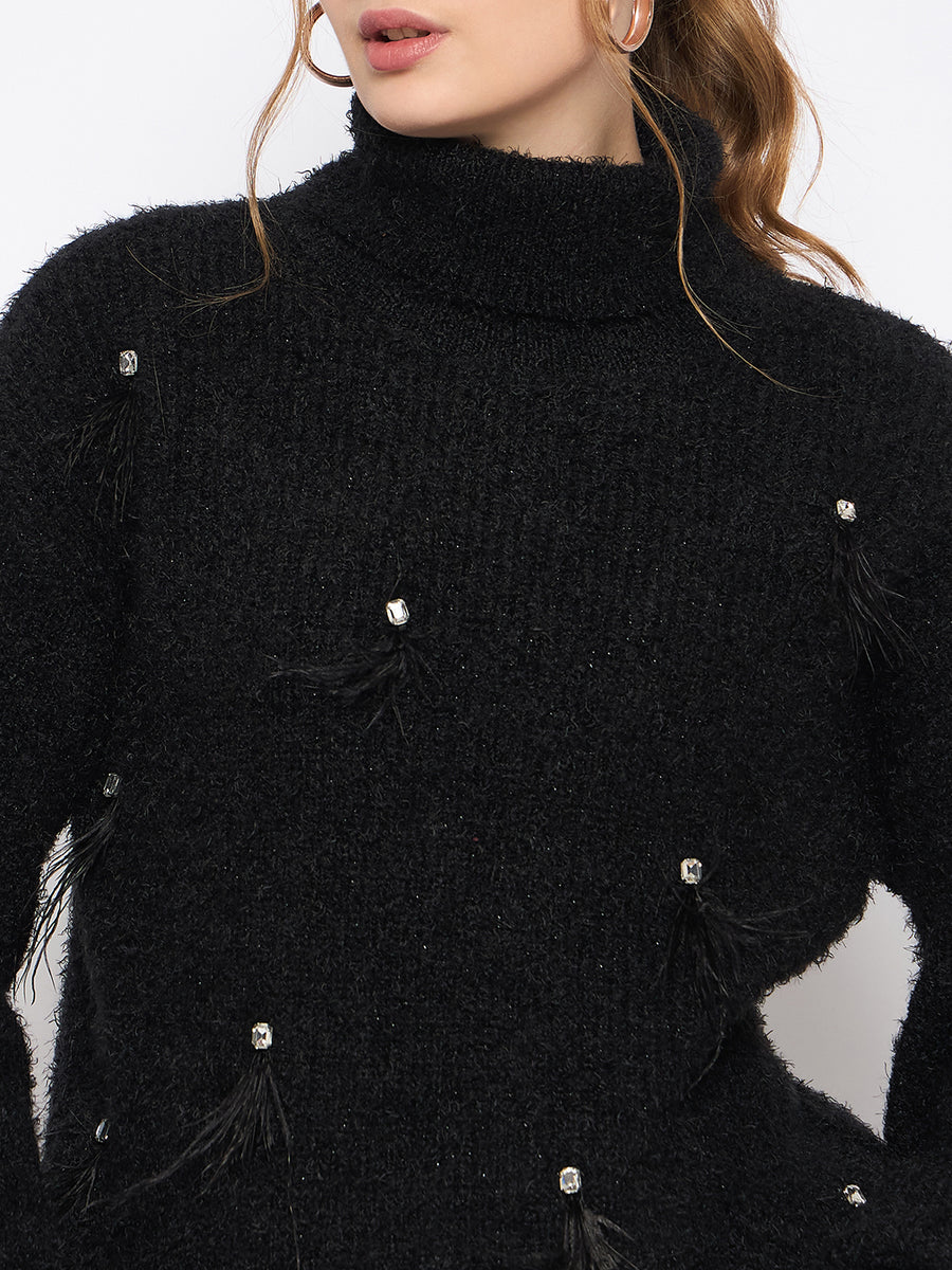 Madame Embellished Turtleneck Black Sweater