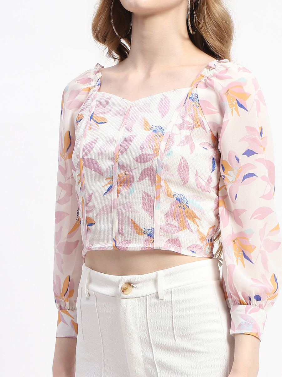 Madame Off White Floral Print Crop Top