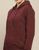 Madame Geometric Print Zipped Wine Hooded Sweatshirt