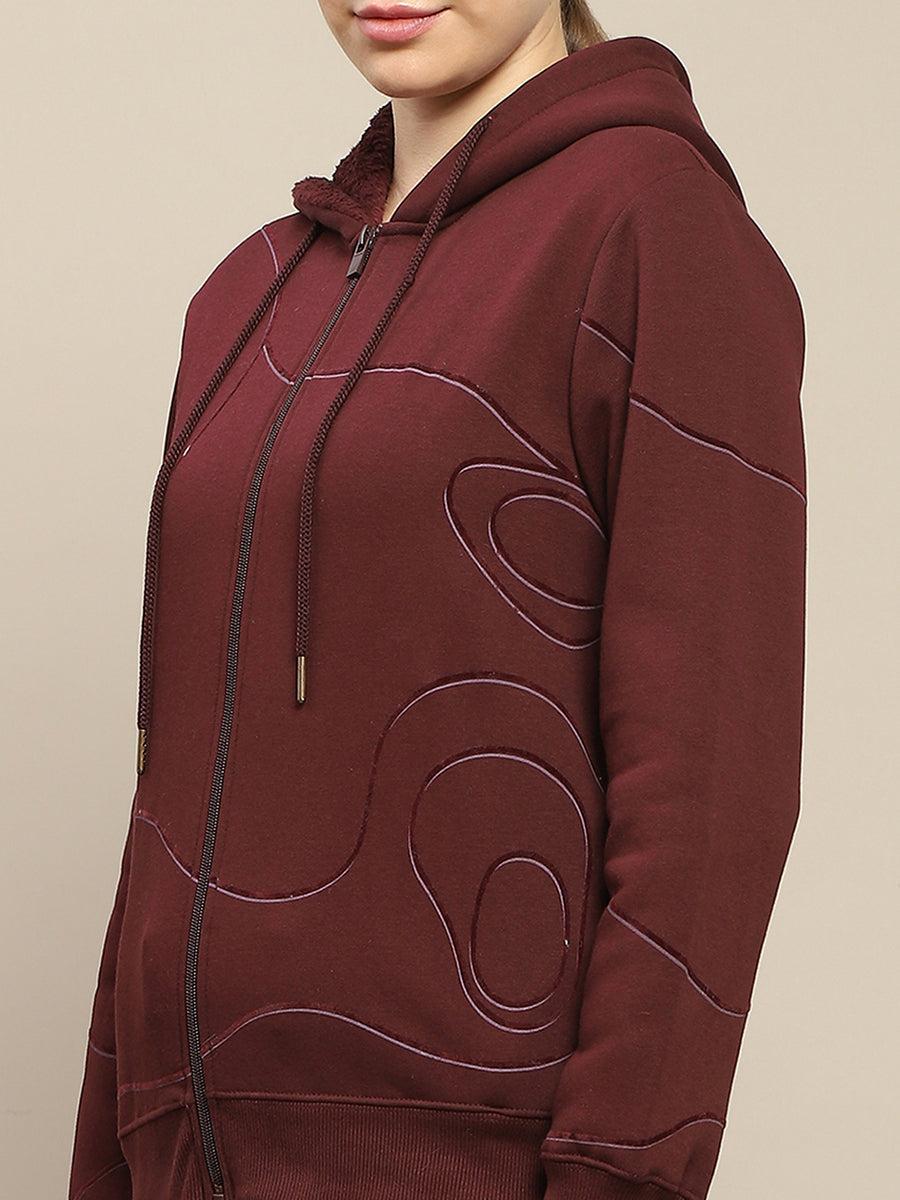 Madame Geometric Print Zipped Wine Hooded Sweatshirt