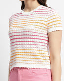 Madame Striped Crew Neck Knitted Off White Top