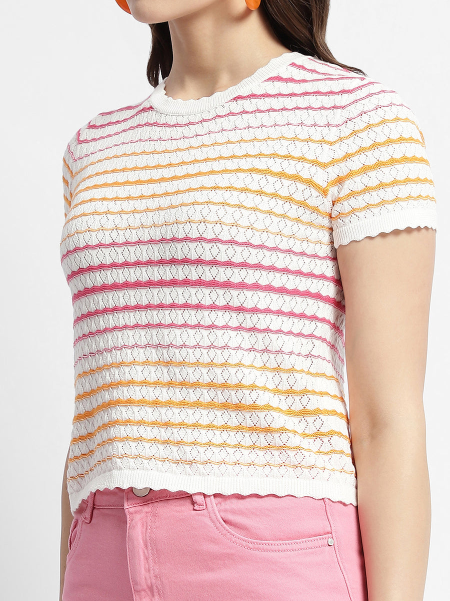 Madame Striped Crew Neck Knitted Off White Top