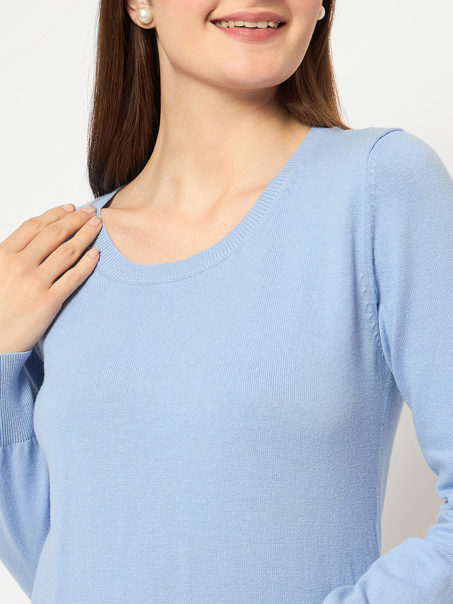 Madame Round Neck Ribbed Cuff Sky Blue Sweater