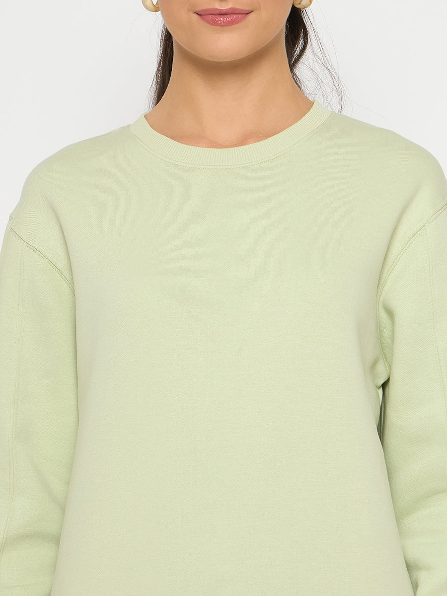 Madame Cotton Blend Solid Apple Green Sweatshirt