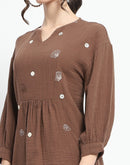 Madame Solid Chocolate Brown Embroidery Detailed Cotton Top