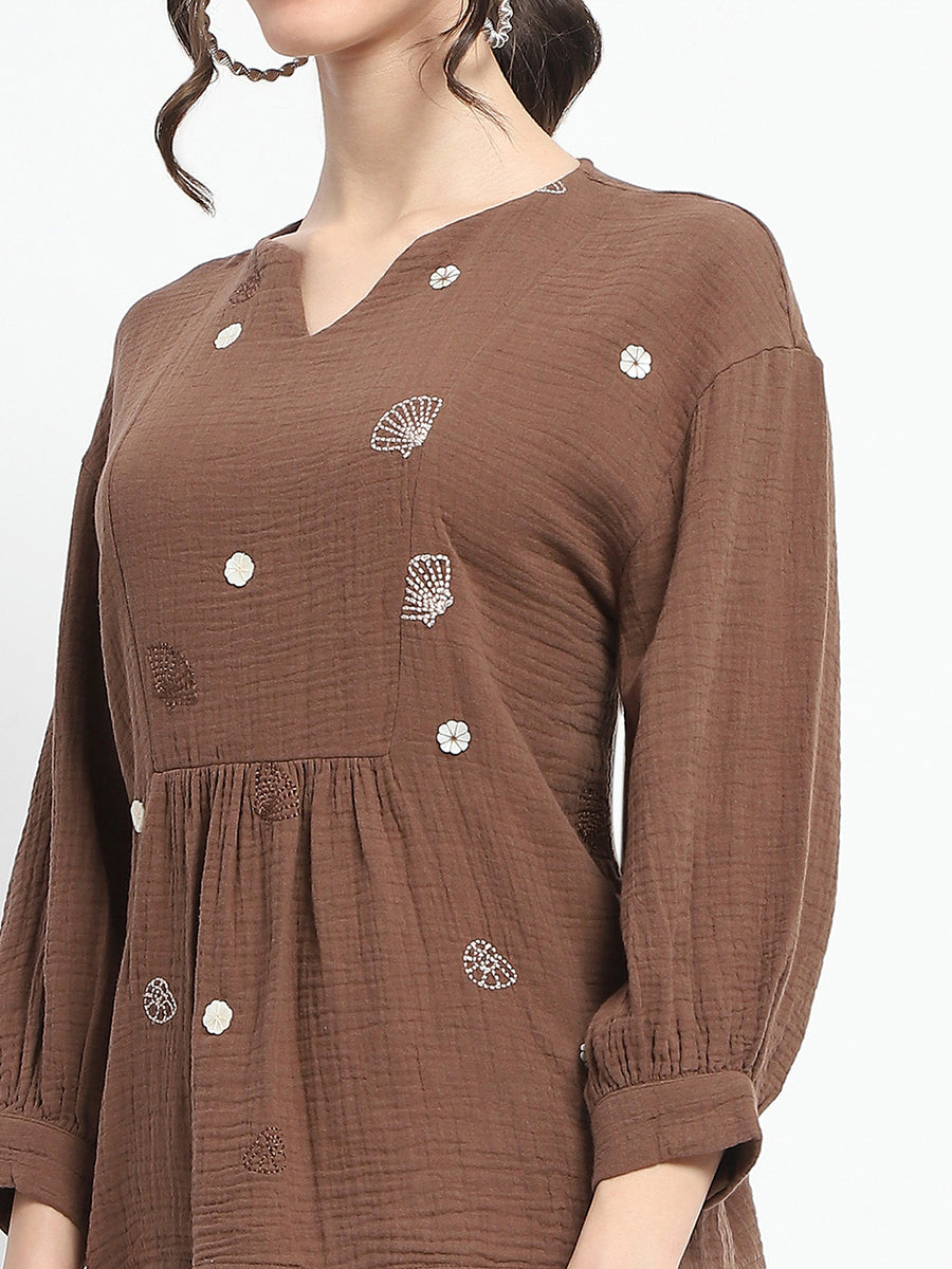 Madame Solid Chocolate Brown Embroidery Detailed Cotton Top