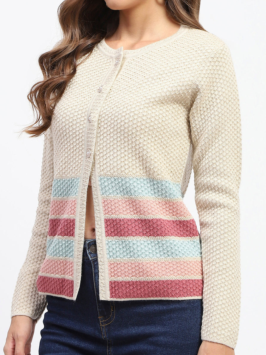 Madame Beige Striped Buttoned Cardigan