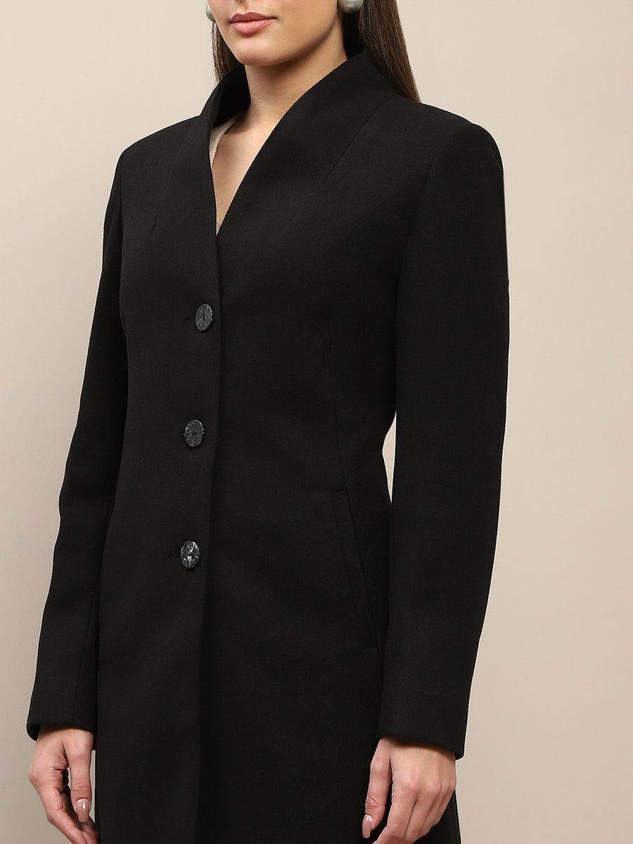 Madame Melange Side Inseam Pocketed Black Long Coat