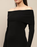 Madame Off Shoulder Side Slit Black Bodycon Midi Dress