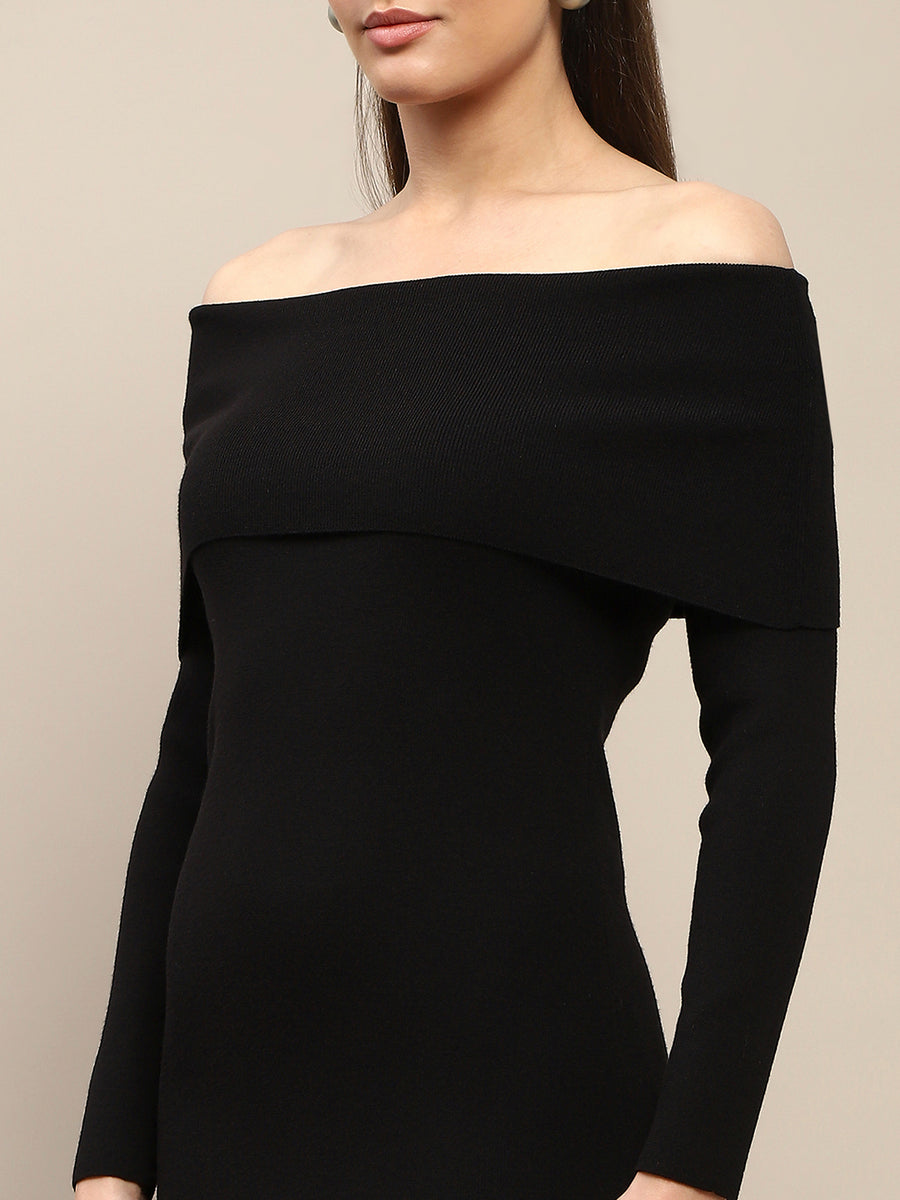 Madame Off Shoulder Side Slit Black Bodycon Midi Dress