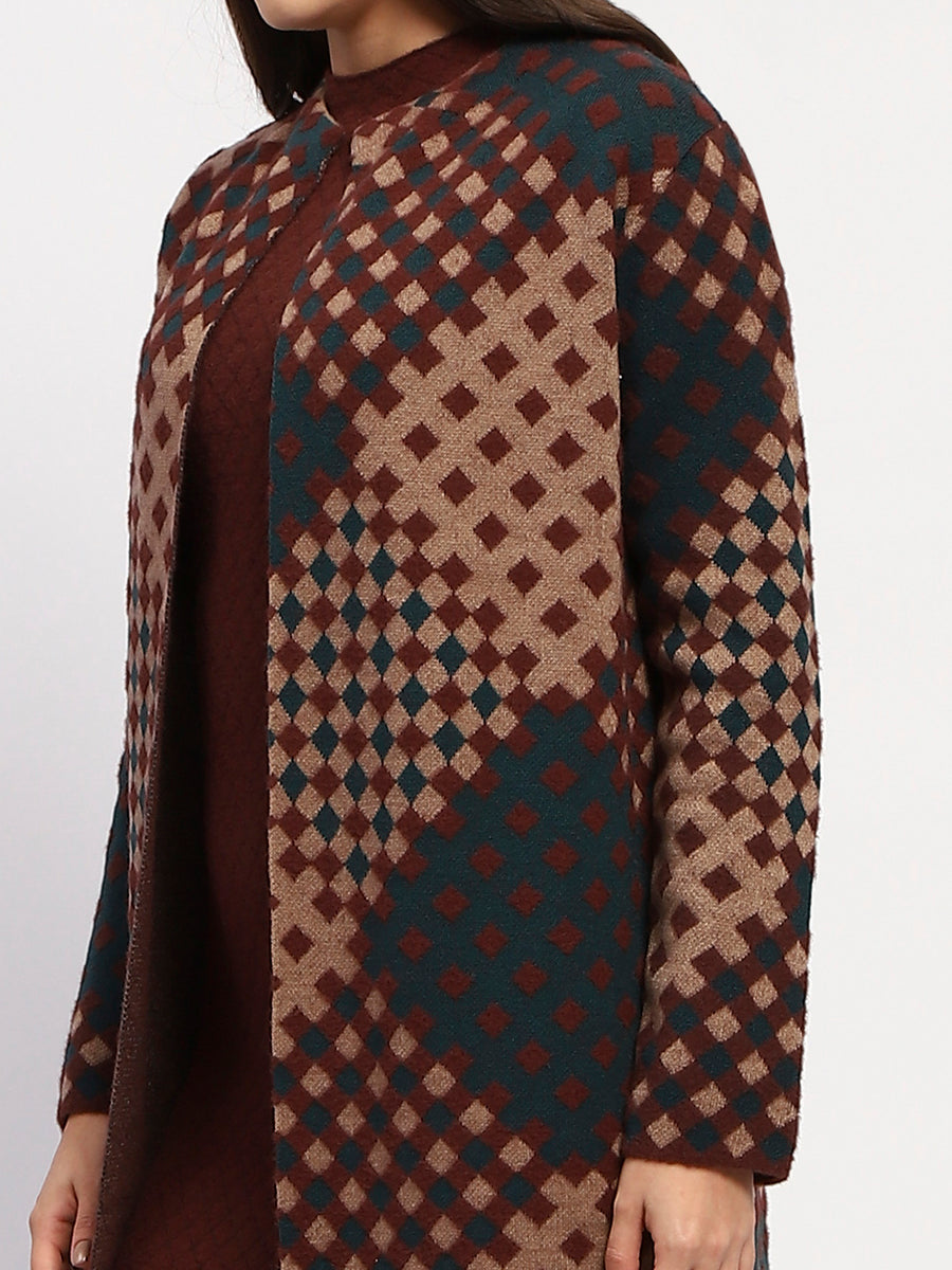 Madame Geometric Print Long Coat And Midi Dress Ensemble