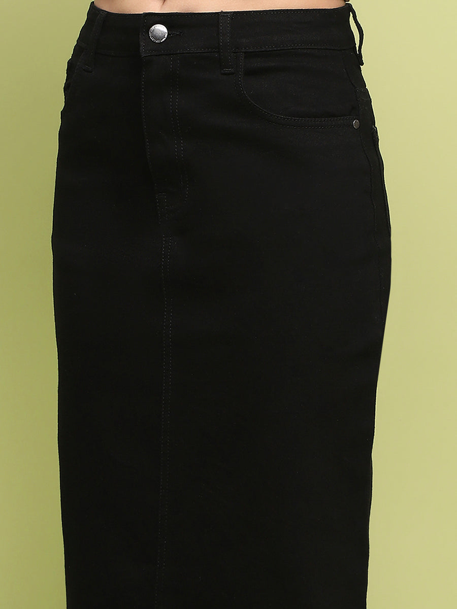 Madame Black Whiskered Cotton Midi Denim Skirt