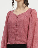 Madame Floral Print Queen Anne Neck Buttoned Pink Top