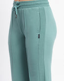 mSECRET Drawstring Waist Pleated Solid Green Bootcut Cotton Track Bottoms