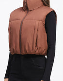 Madame High Neck Sleeveless Brown Crop Puffer Jacket