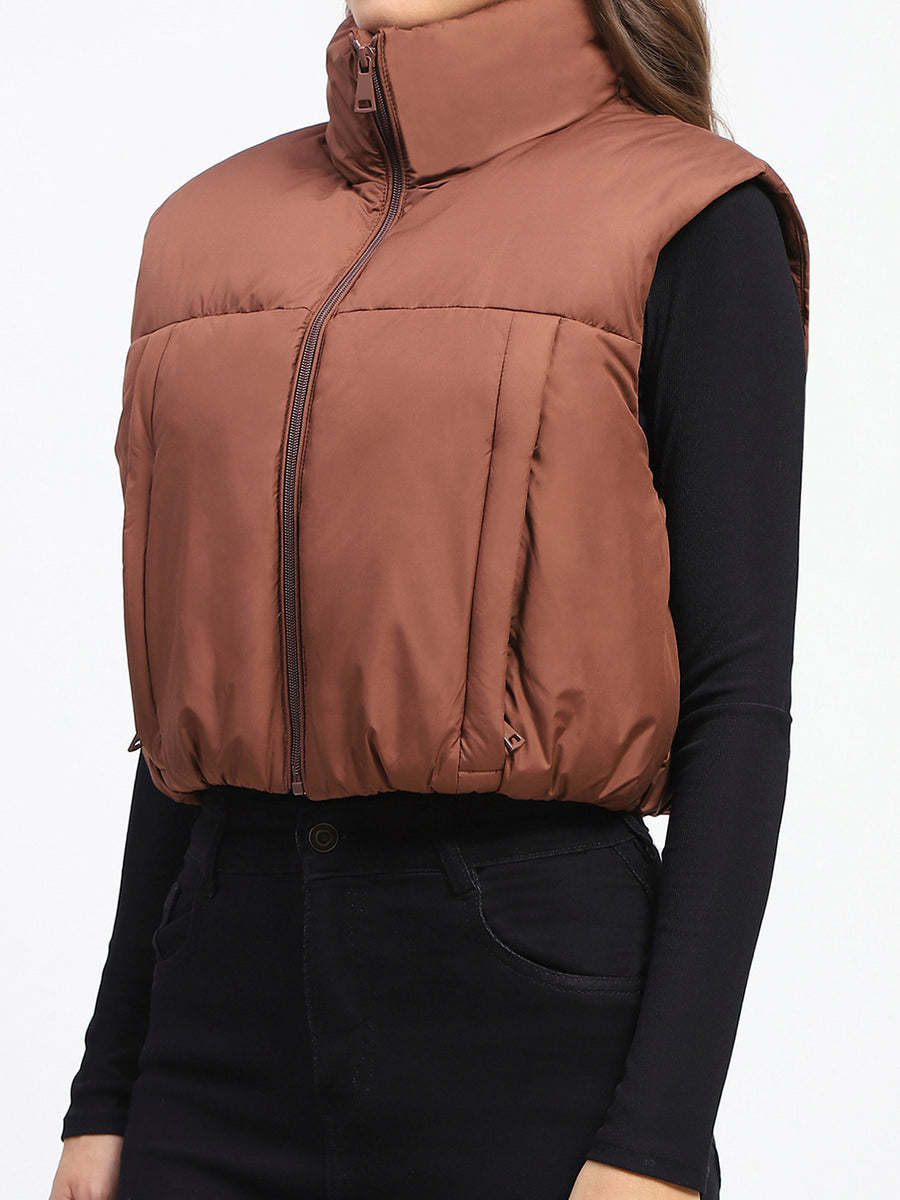 Madame High Neck Sleeveless Brown Crop Puffer Jacket