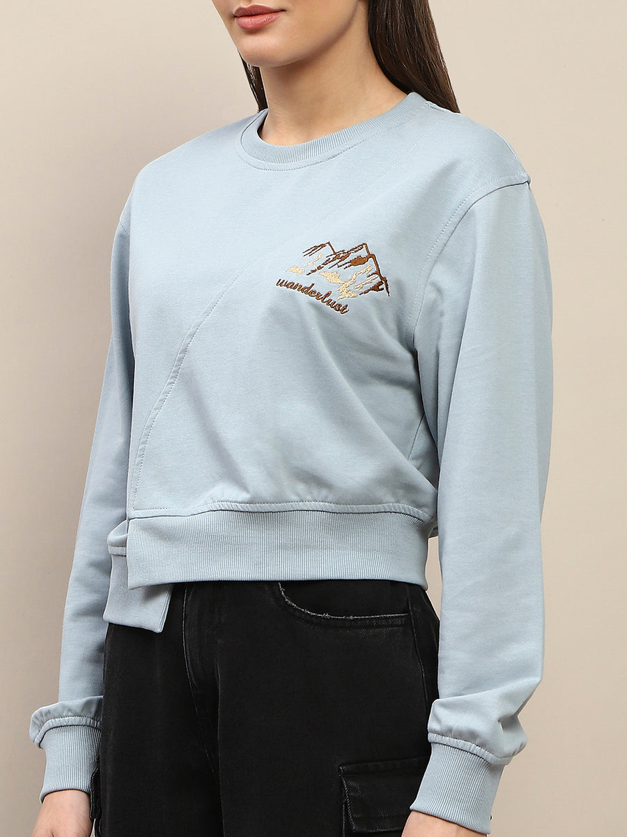 Madame Cotton Embroidery Detailed Light Sky Crop Sweatshirt